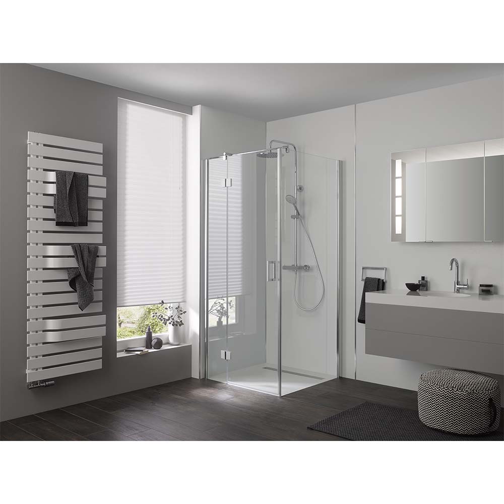HSK Acryl Duschwanne mit intigrierter Ablaufrinne schmal - Superflach 100 x 100 cm-mit Dichtset-mit AntiSlip-Beschichtung-Edelstahl poliert