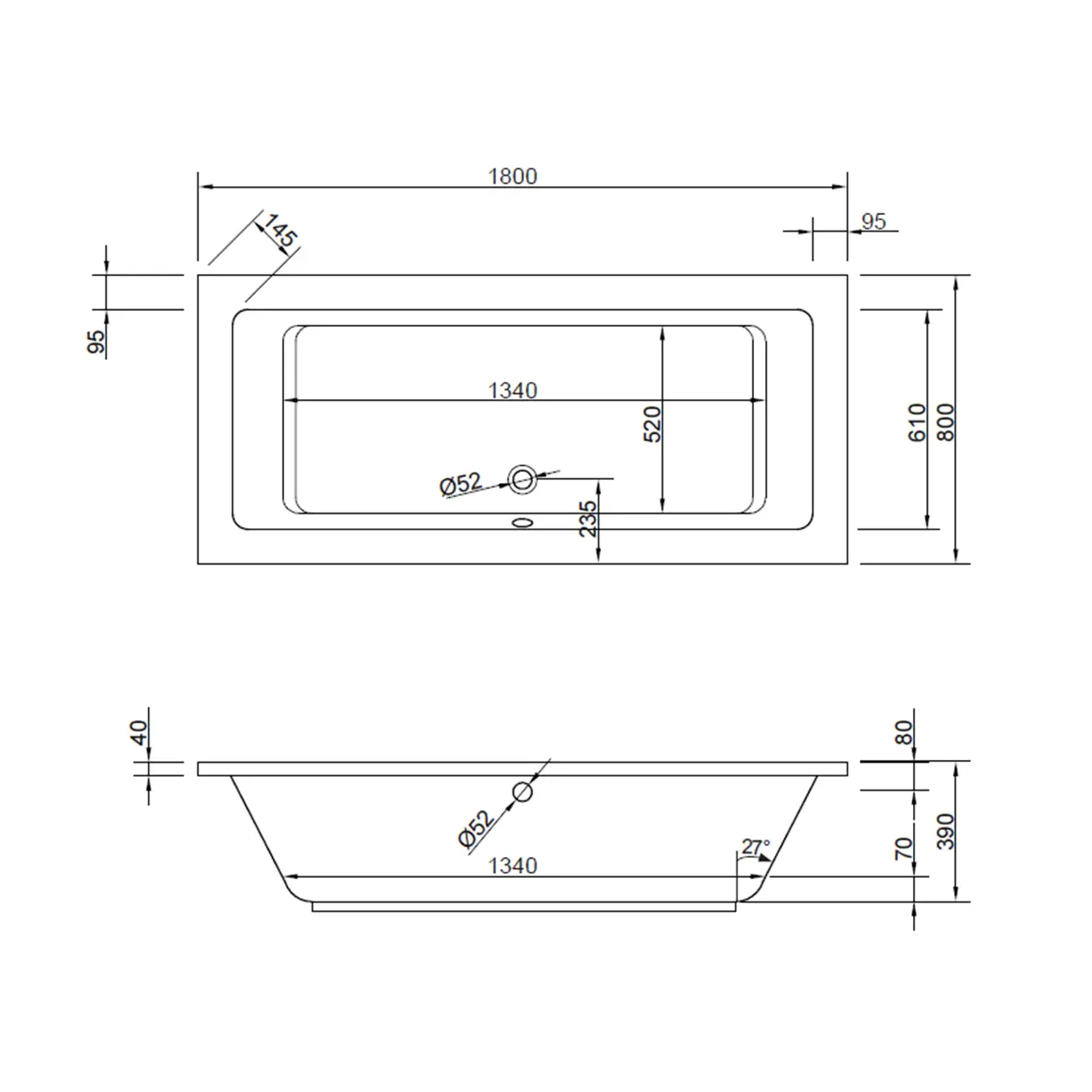 Technische Zeichnung der Rechteckbadewanne Dina Duo 180x80x39 cm mit detaillierten Maßangaben zu Bodenlänge (1340 mm), Tiefe (390 mm) und Ablaufposition.