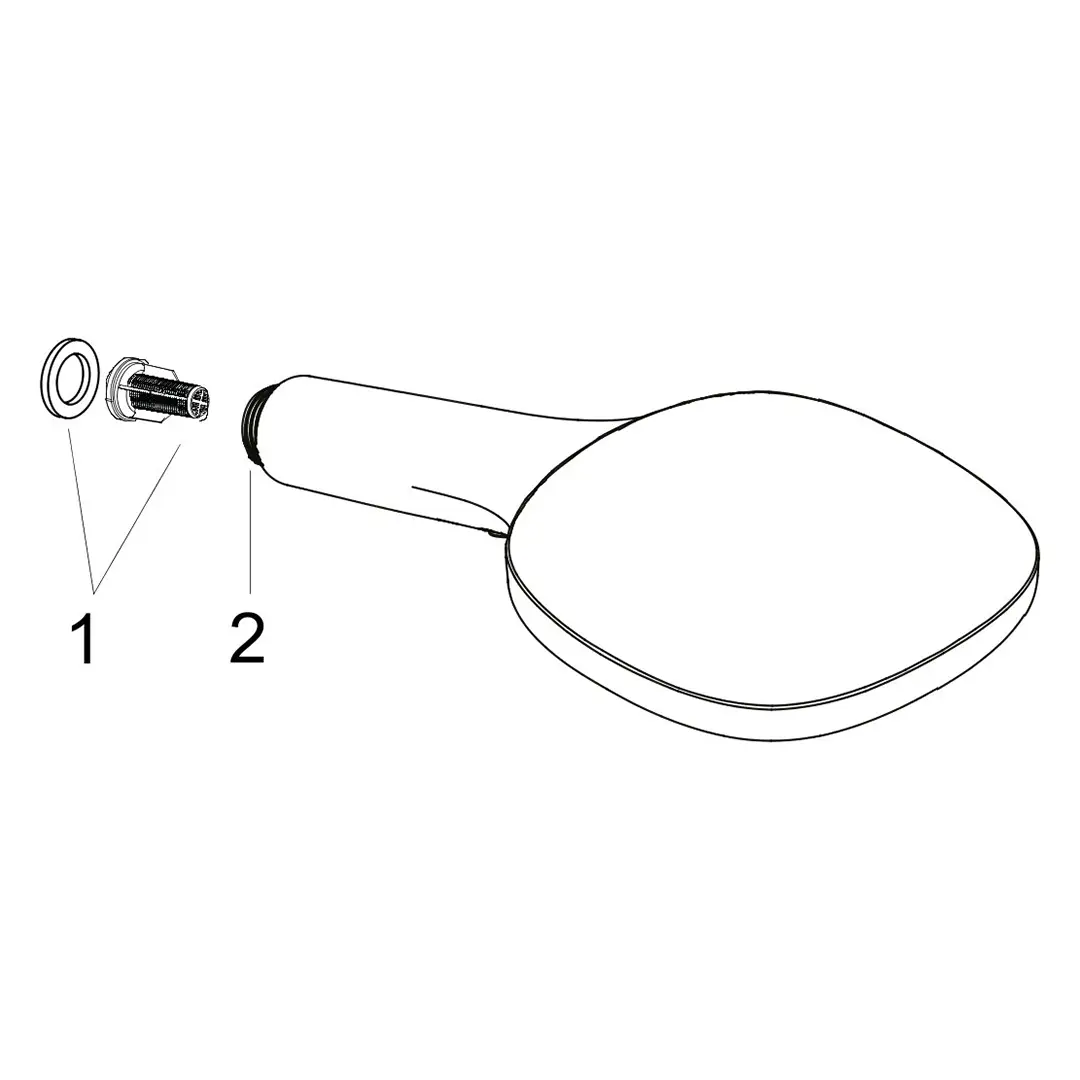 Eine Duschkopf-Illustration zeigt zwei Einzelteile: eine Dichtung (1) und ein Montageelement (2), die zur Befestigung am Griff (in stark vereinfachter Form) vorgesehen sind. Der Hintergrund ist leer.