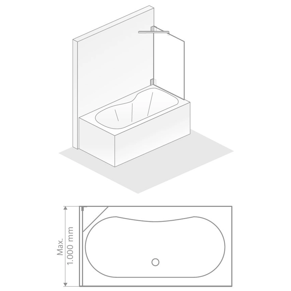 Die Abbildung zeigt eine freistehende Badewanne in einer skizzierten Seitenansicht. Sie hat eine ovale Form mit einem zentralen Abfluss. Angeschlossen ist eine Duschwand. Oben ist eine Maximalhöhe von 1000 mm angegeben.