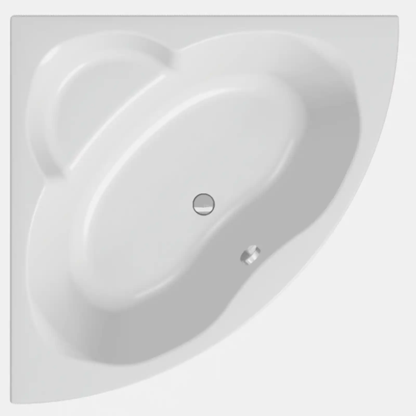 Das Objekt ist eine wandhängende Badewanne in Weiß. Sie hat eine ovale Form mit abgerundeten Kanten und einem losen Griff. Die Wanne ist auf einem weißen Hintergrund präsentiert.
