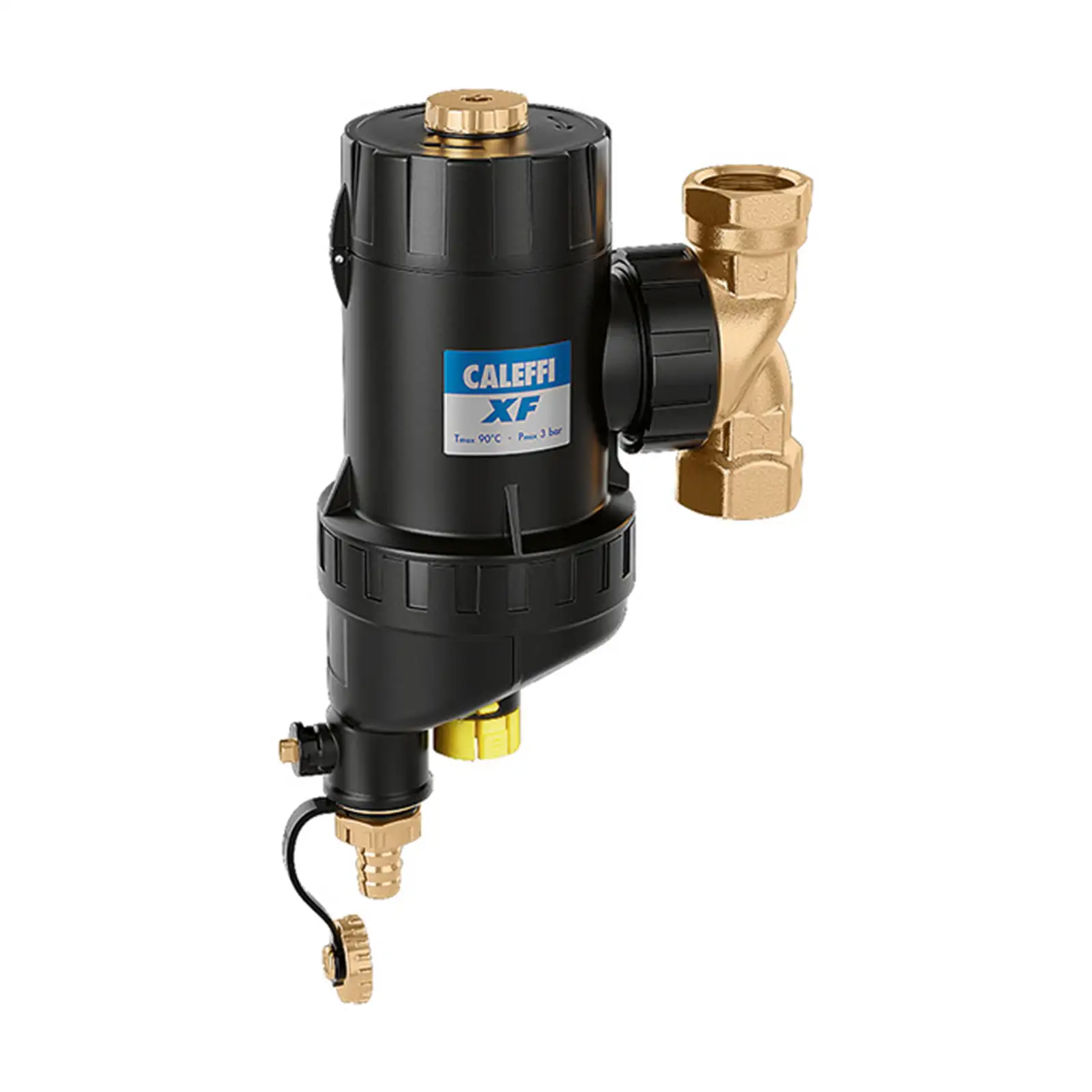Ein schwarzer Wasserfilter mit goldenem Anschluss, beschriftet mit -CALEFFI XF-, enthält verschiedene Ventile. Er ist in einem neutralen Hintergrund angeordnet, was seine Funktion hebt.