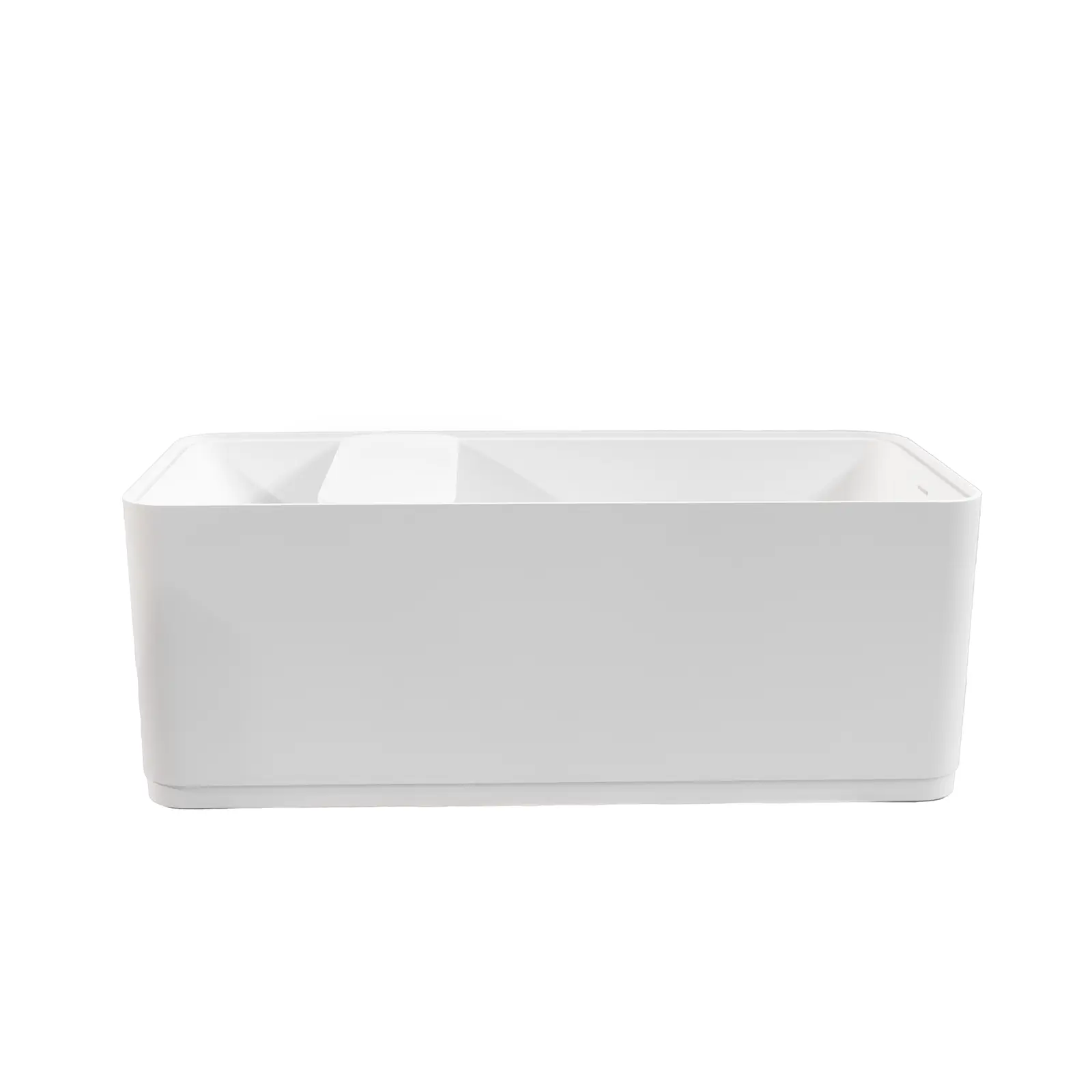 Eine moderne, rechteckige Badewanne in Weiß, mit klaren Linien und einer glatten Oberfläche. Sie steht auf einem neutralen, weißen Hintergrund und betont ihr minimalistisches Design.