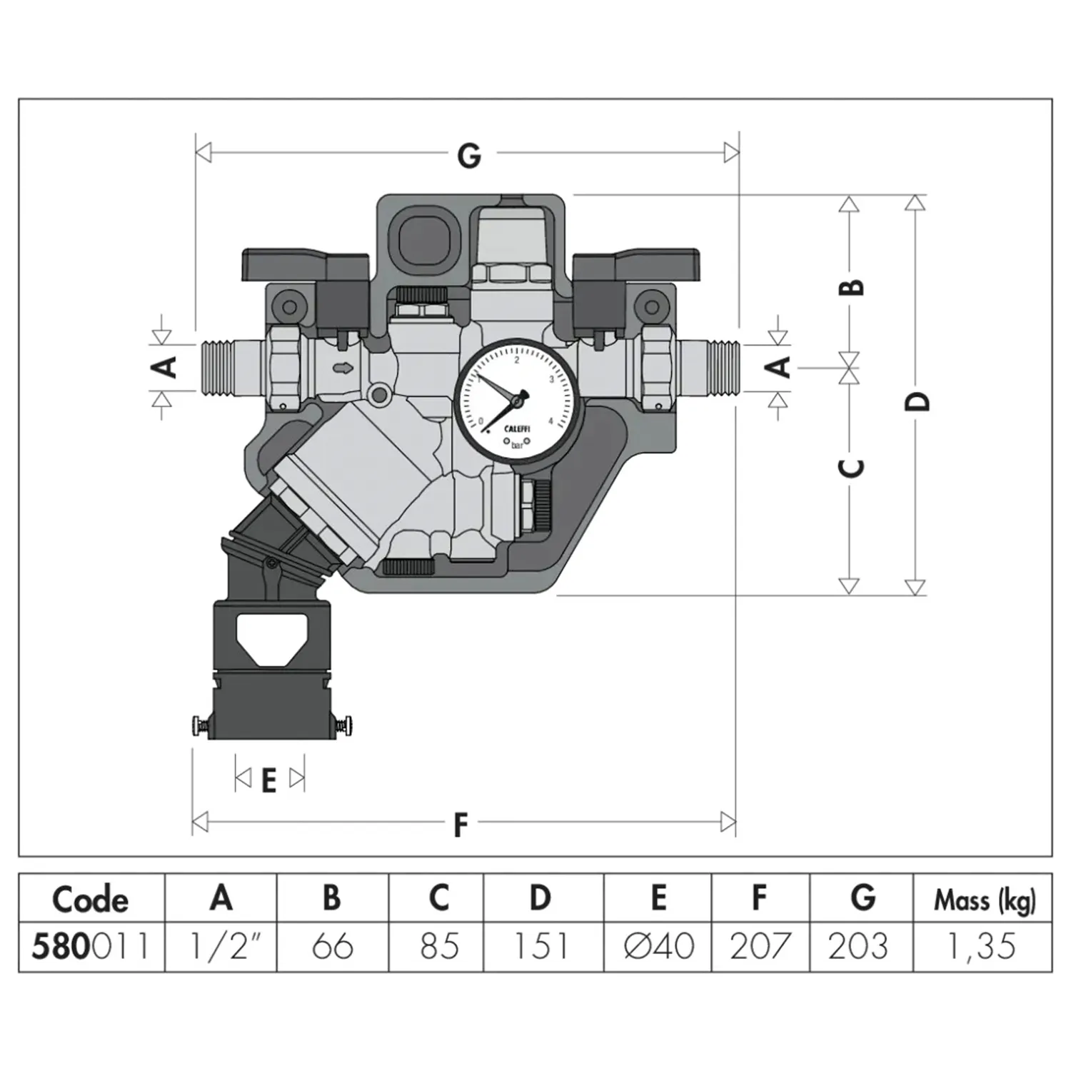 Eine technische Zeichnung mit einem Wasserarmatur-Teil, das ein manometrisches Messgerät zeigt, das in einer schematischen Ansicht dargestellt ist. Detaillierte Maßangaben sind unterhalb der Zeichnung aufgelistet.