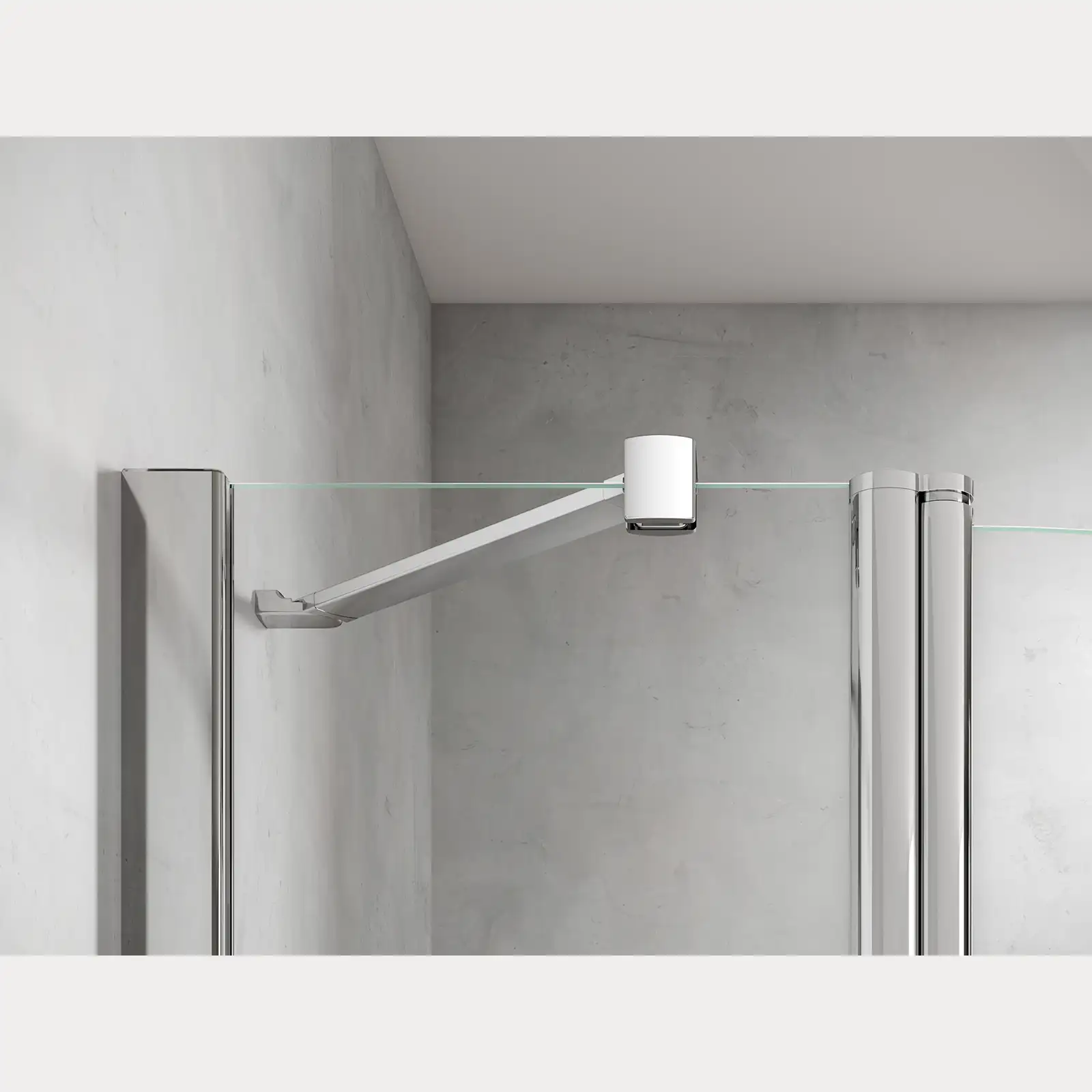 Ein gläserner Duschabtrennungs-Clip ist an einer Wand montiert. Er hat eine moderne, minimalistische Form und ist aus Edelstahl mit einer weißen, runden Abdeckung. Der Hintergrund ist eine glatte Betonwand.