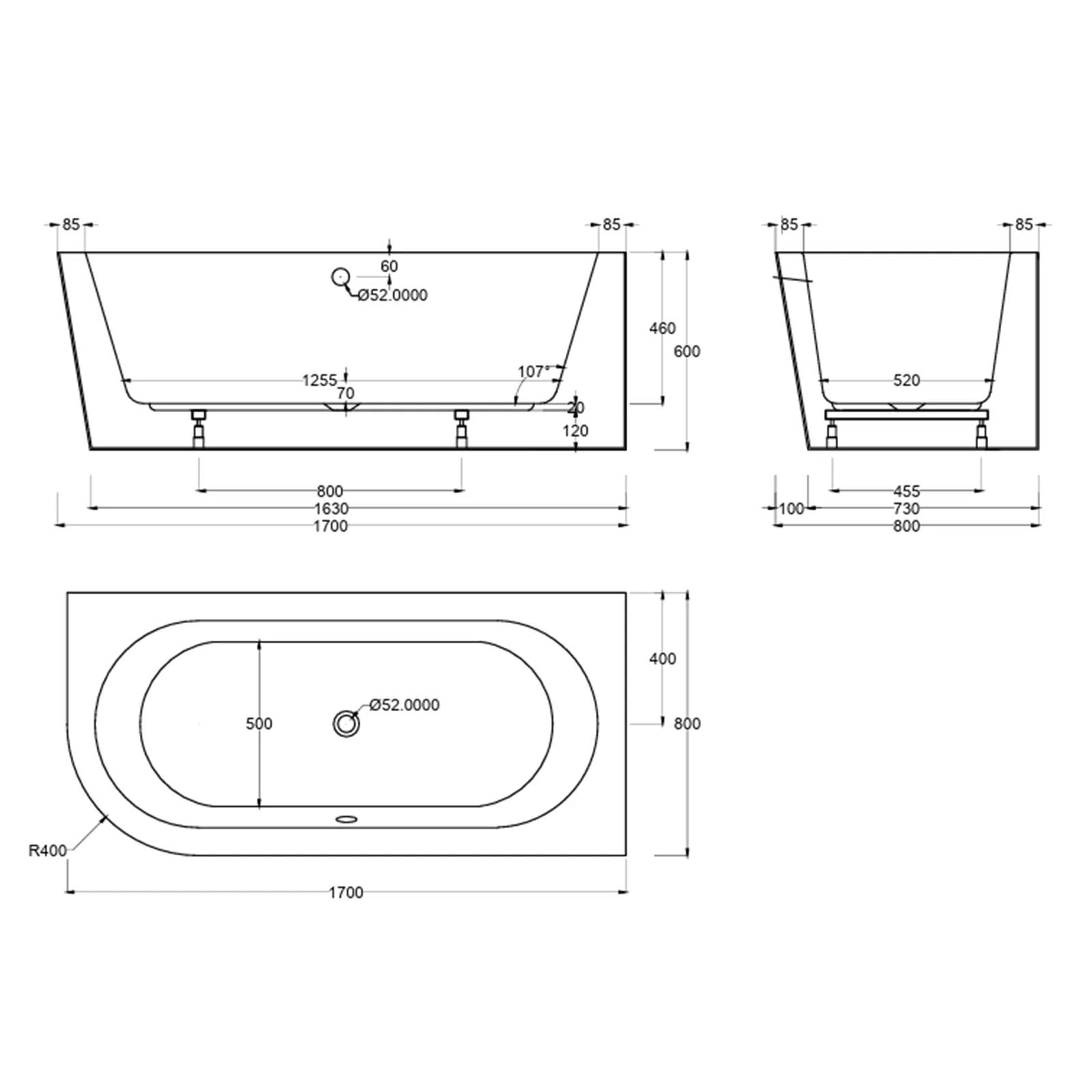 Schröder Eck-Vorwandbadewanne Charly VR-Weiß- 170 x 80 x 45/60 cm