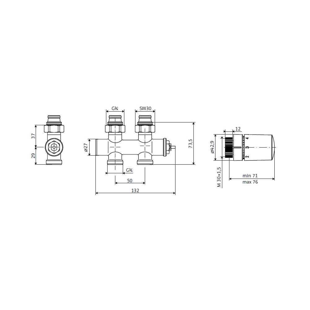 HSK Multiblock Chrom Anschluss-Set inkl. Design Thermostatregler - Durchgangsform - chrom oder schwarz-matt