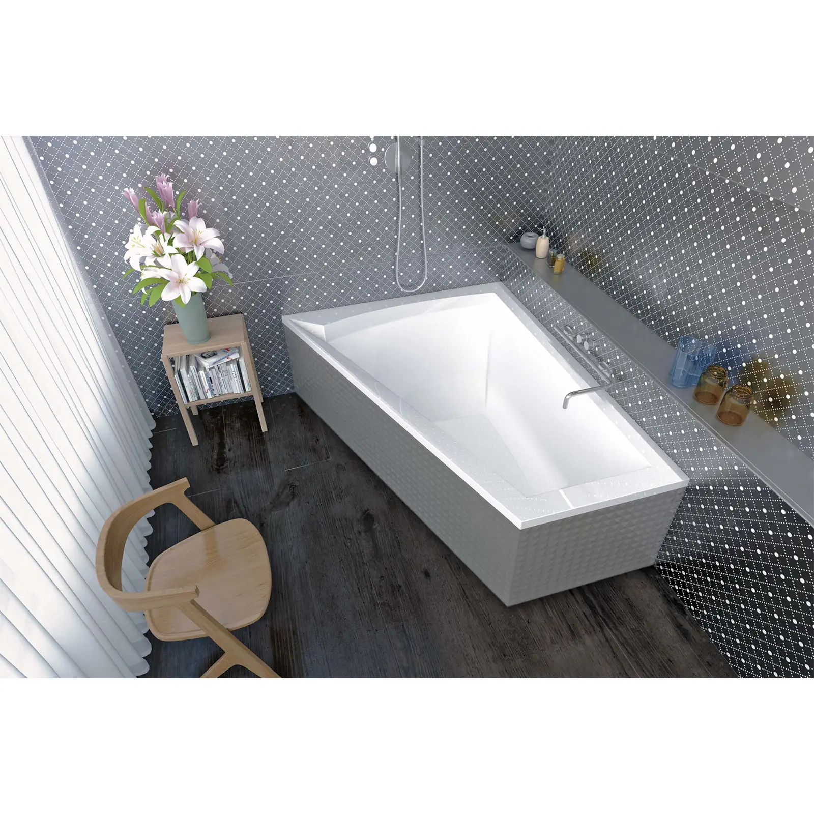 Eine quadratische Badewanne mit glattem, weißen Innenraum und einem grauen, strukturierten äußeren Finish. Daneben steht ein Holzstuhl und eine kleine Tischvase mit Blumen. Der Hintergrund ist gefliest.