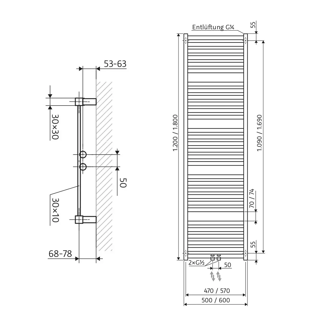 HSK Line Aero Badheizkörper 1200 x 600 mm-silber