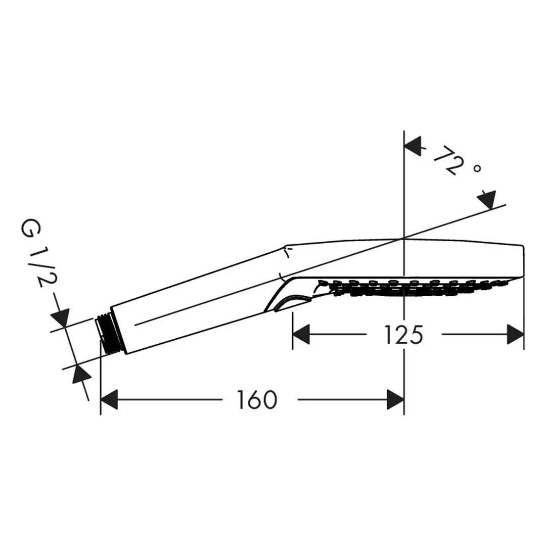Ein Duschkopf wird in einer technischen Zeichnung dargestellt. Er hat eine langgestreckte Form mit einem verstellbaren Sprühwinkel von 72°. Die Maße sind deutlich angegeben: 125 mm und 160 mm. Der Anschluss ist als G 1/2 markiert.