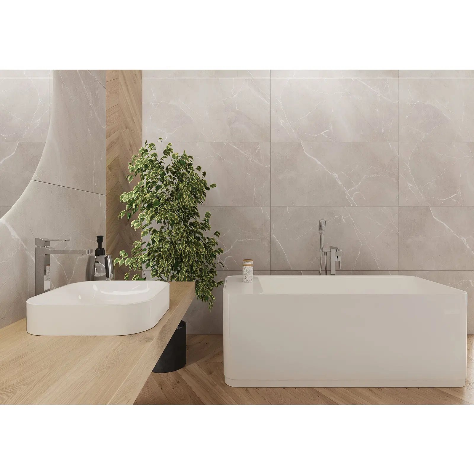 Eine moderne Badezimmeransicht mit einer weißen, rechteckigen Badewanne und einem asymmetrischen Waschbecken. Beide sind auf einer Holzoberfläche platziert. Eine grüne Pflanze und graue Wandfliesen ergänzen das Design.