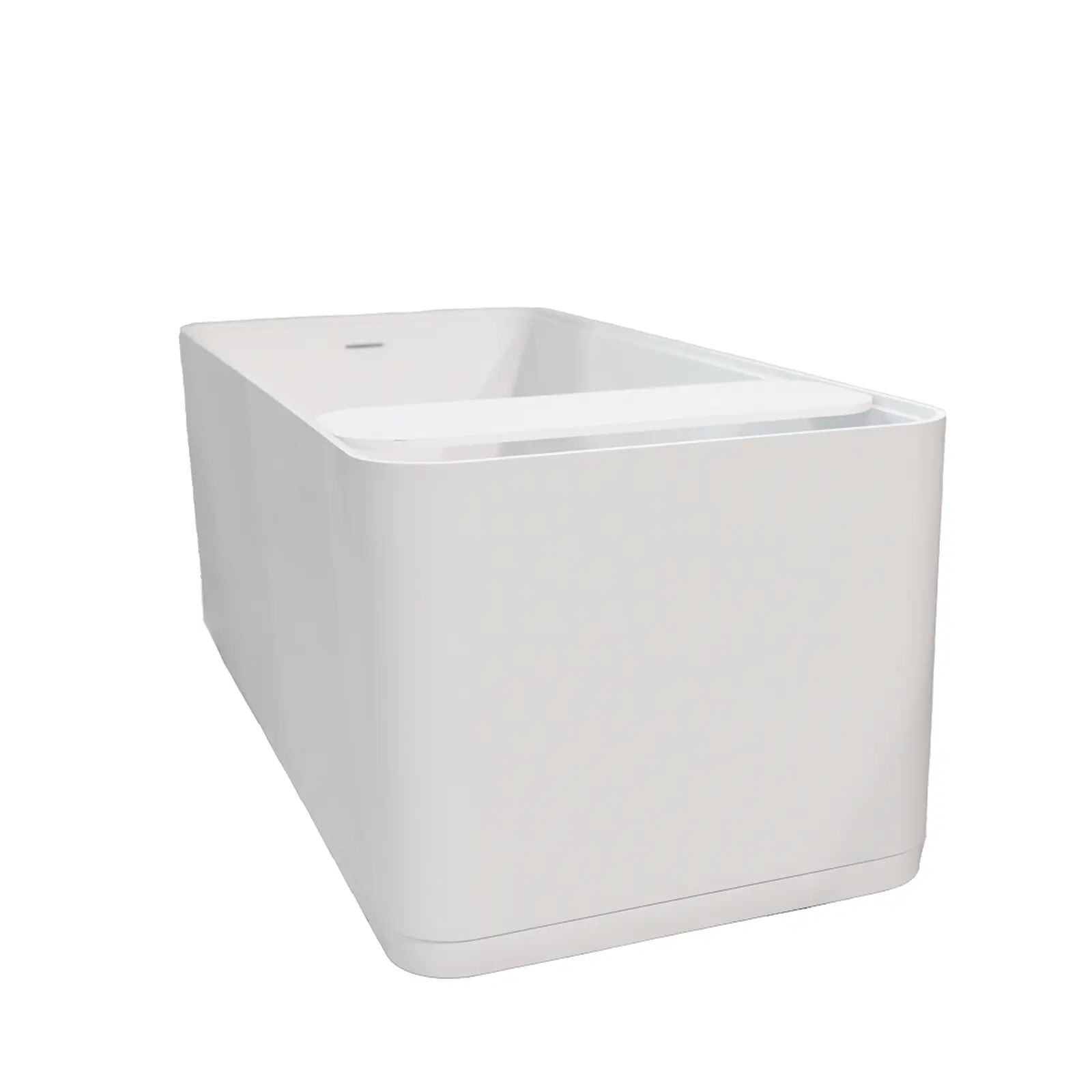 Eine moderne, rechteckige Badewanne in glänzendem Weiß mit abgerundeten Kanten. Sie ist einfach und minimalistisch gestaltet, auf einem weißen Hintergrund präsentiert, der den Fokus auf das Produkt legt.