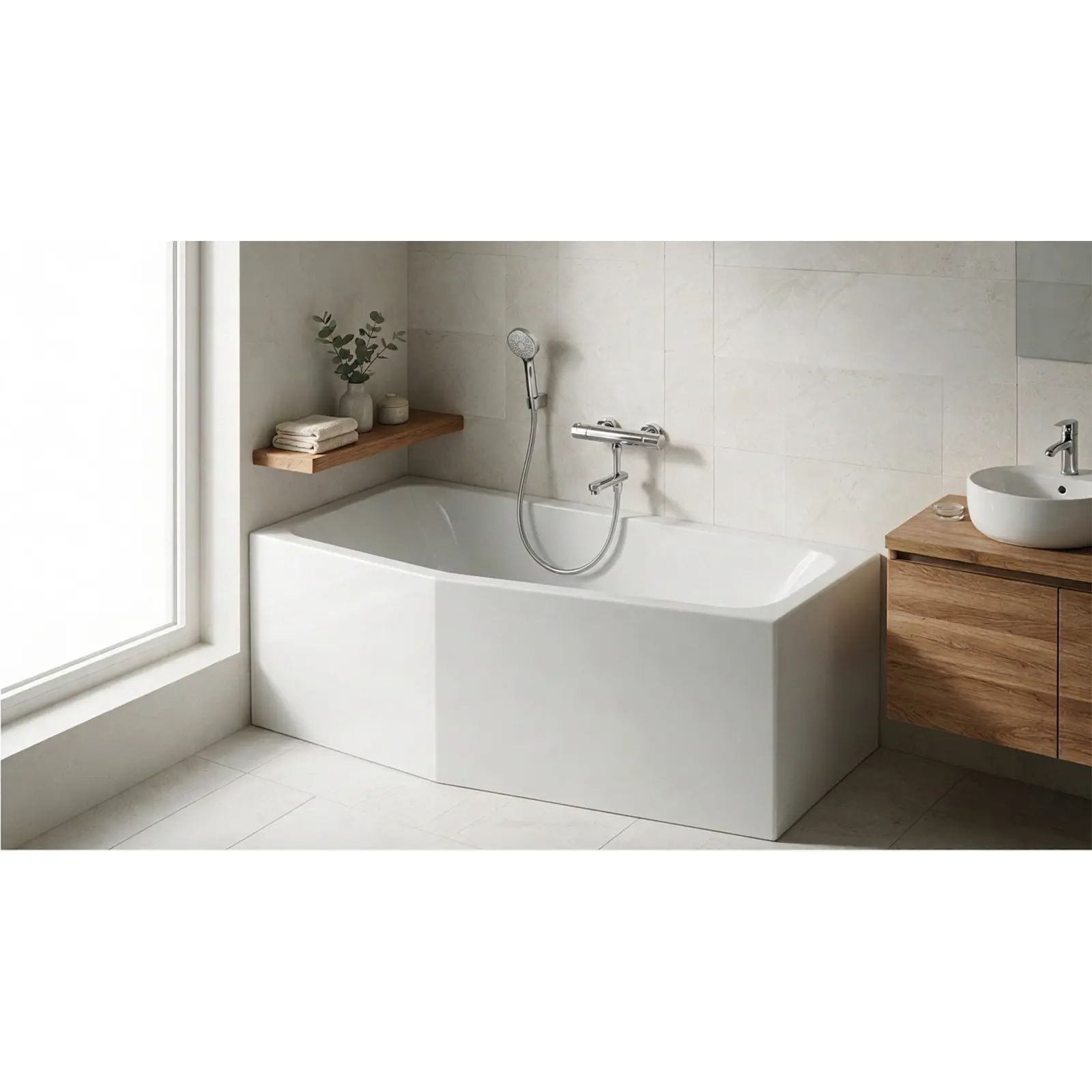Eine weiße Badewanne mit abgerundeten Kanten steht in einem hellen Badezimmer. Neben der Wanne befindet sich ein modernes Wasserhahn-Set und eine Wandablage mit Handtüchern. Holz-Elemente ergänzen die Einrichtung.