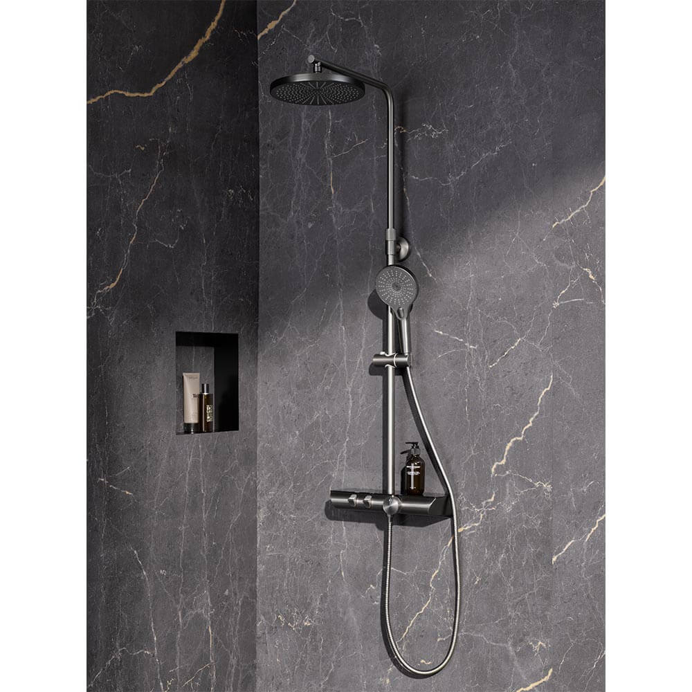 HSK Duschsystem AquaX Pro 200 Thermostat mit Ablage-Kopfbrause flach ø 250 mm-Gunmetal gebürstet
