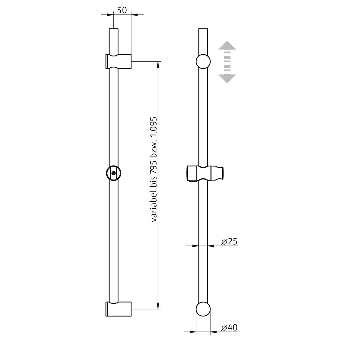 HSK Brausestange Rund, Bohrlochabstand variabel, Chrom 800 mm HSK Brausestange Rund, Bohrlochabstand variabel, Chrom 800 mm