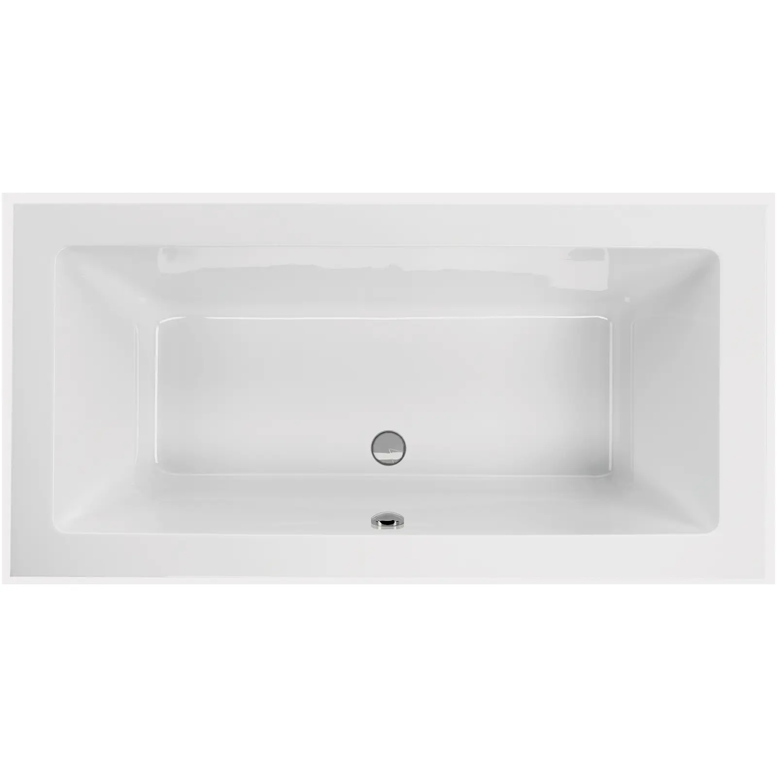 Eine rechteckige Badewanne aus weißem Material mit einem minimalistischen Design, mittig platziert mit einem überlaufenden Abfluss, auf einem weißen Hintergrund.