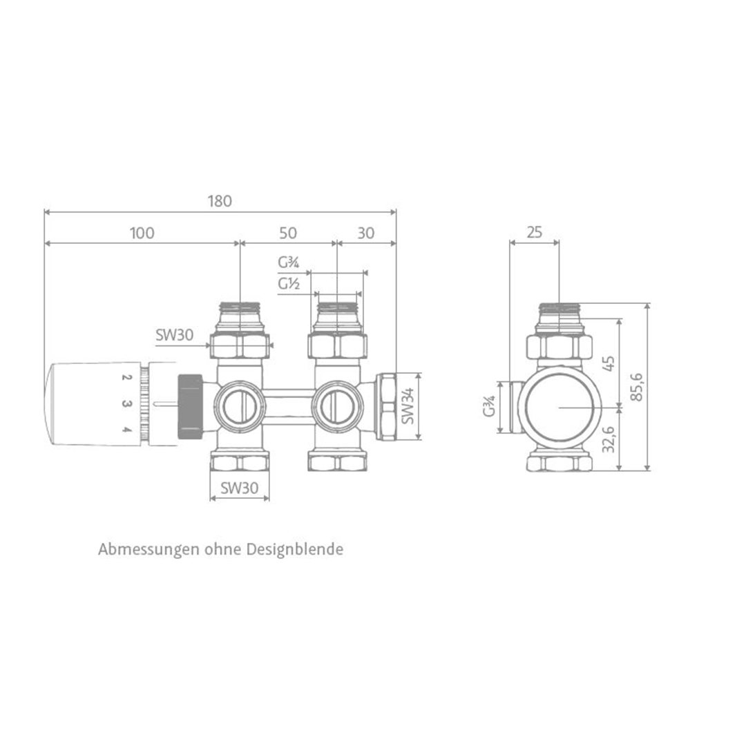 HSK  Universal Multiblock Kompaktventil Mittelanschluss Eck- Durchgangsform gunmetal-gebürstet