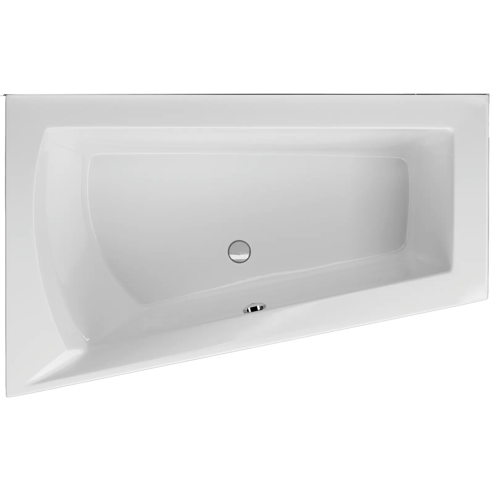 Eine weiße Badewanne mit einer geschwungenen Innenform und einem zentralen Ablauf. Die Oberfläche ist glatt und glänzend, vor einem weißen Hintergrund präsentiert.