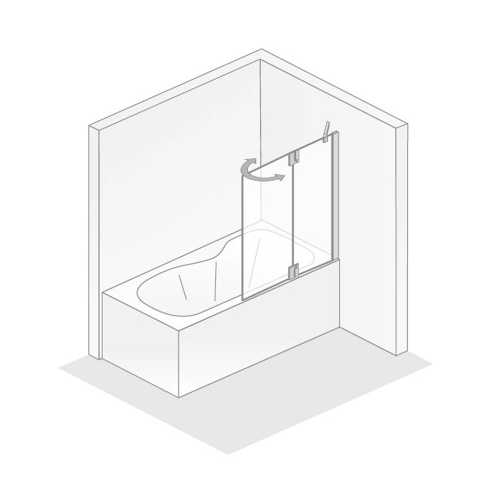 Eine Badewanne mit einer transparenten Glasduschabtrennung, die eine Tür zur Seite öffnet. Die Wanne hat eine ergonomische Form und ist in einem minimalistischen, modernen Raum platziert.
