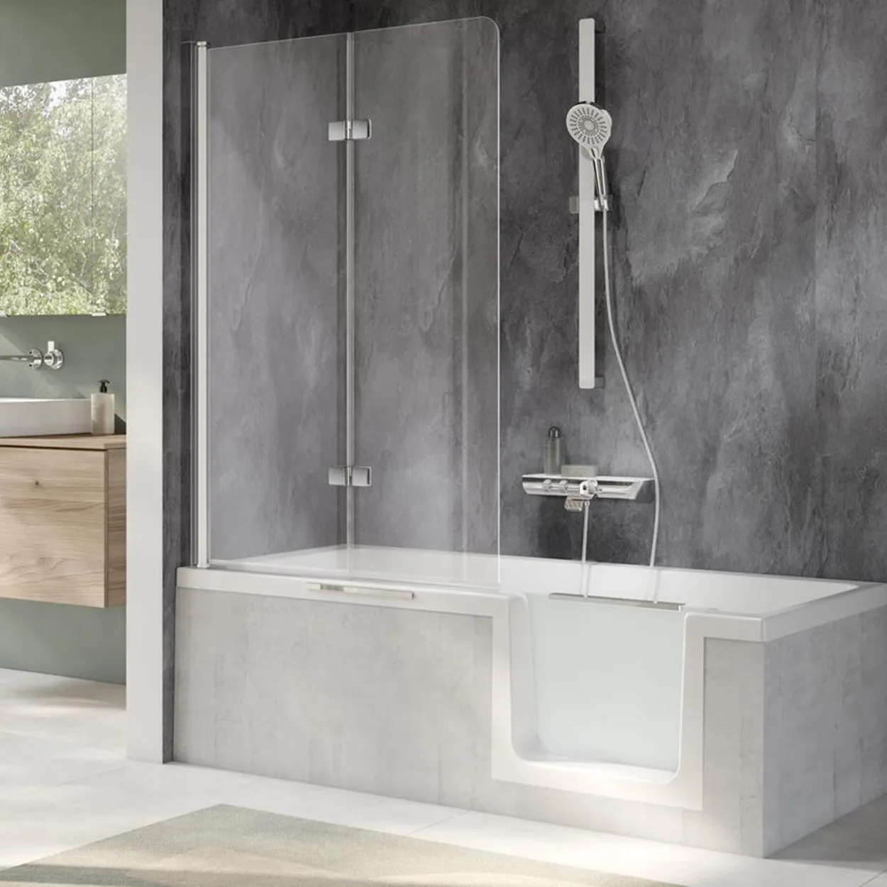 HSK Badewannenaufsatz Favorit Nova 2-teilig pendelbar 114x140cm-LA-Chrom-optik-Linea 02-mit Edelglasbeschichtung