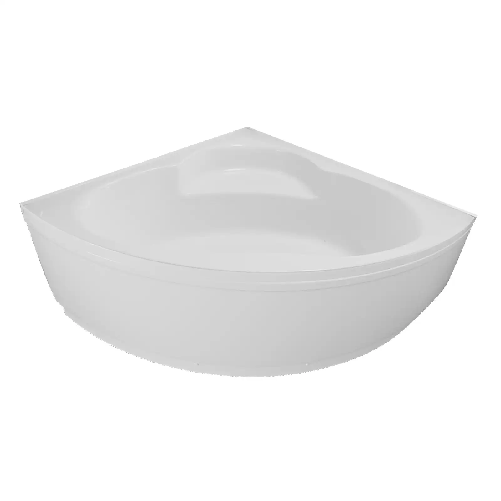 Eine weiße, eckige Badewanne mit abgerundeten Kanten und einer seitlichen Ablage. Sie ist glänzend und hat eine glatte Oberfläche. Der Hintergrund ist neutral und unauffällig.