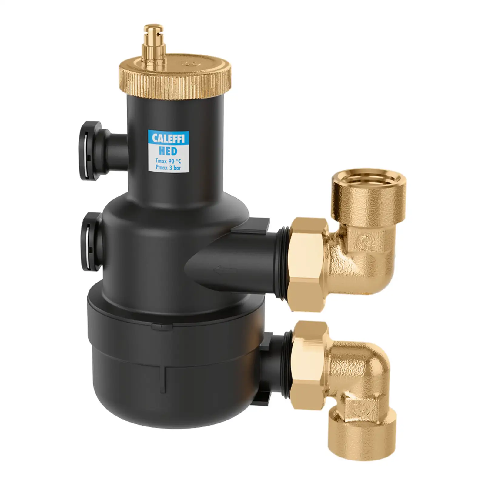 Ein schwarzes Ventil mit goldenen Metallanschlüssen und einer oberen Messingkappe. Es hat zwei seitliche Anschlüsse und eine Beschriftung mit technischen Details. Der Hintergrund ist neutral.