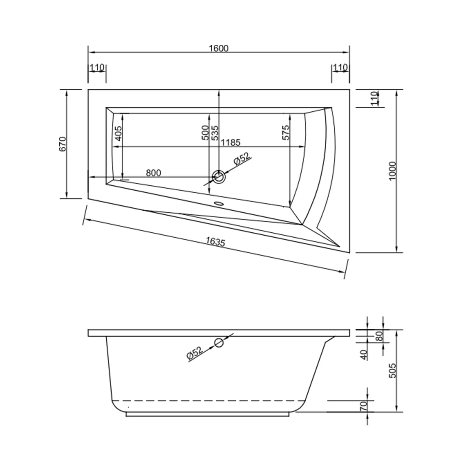Eine Badewanne ist skizziert, mit genauen Abmessungen und einem Wasserablass. Sie hat eine ovale Form mit abgerundeten Kanten und ist in zwei Ansichten dargestellt: von oben und von der Seite.