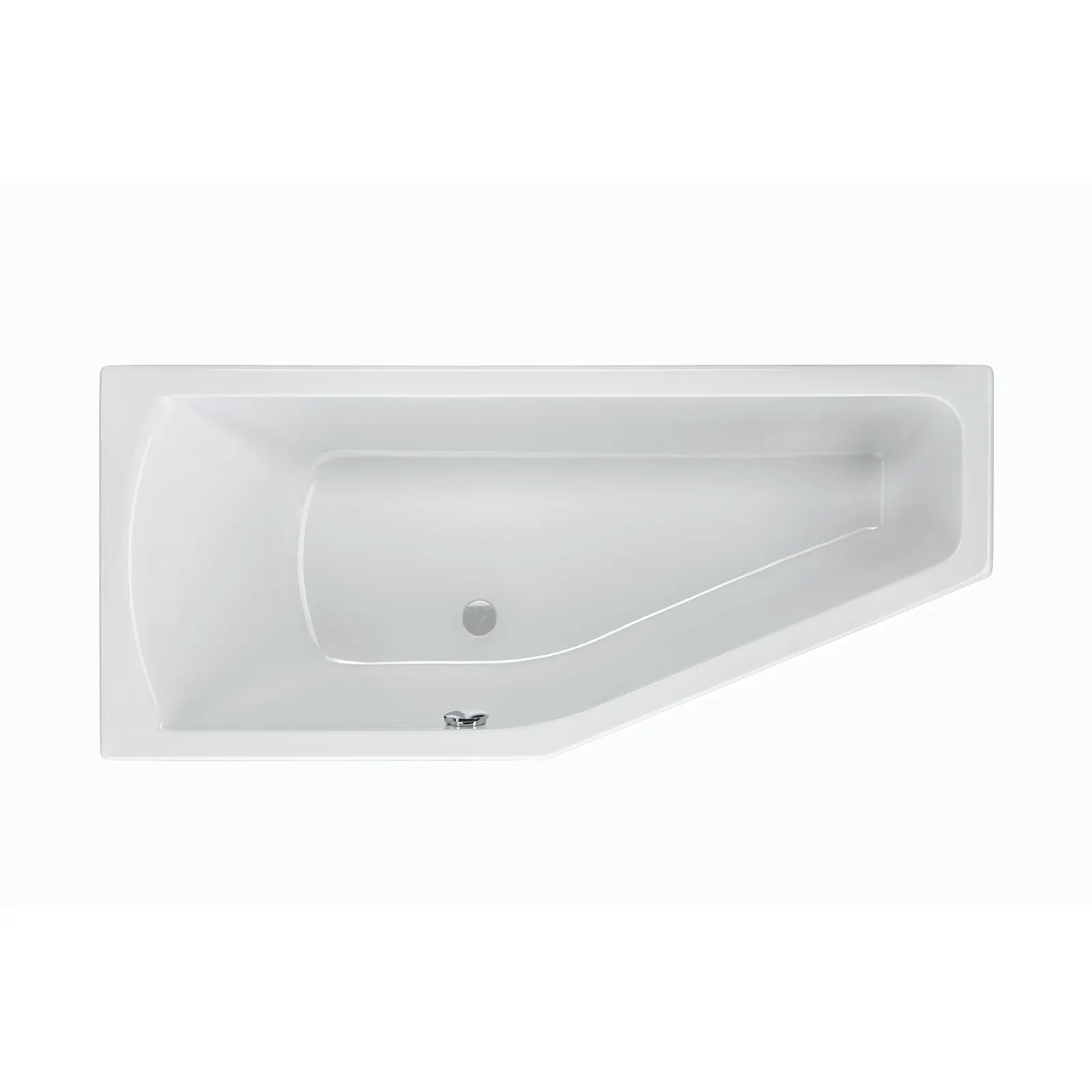 Eine weiße, asymmetrische Badewanne mit glatten, eleganten Linien und einem abgerundeten Ende. Der Abfluss ist in der Mitte platziert. Der Hintergrund ist einfarbig, was den Fokus auf die Wanne lenkt.