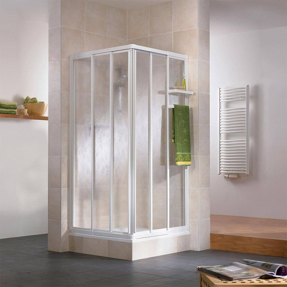 HSK Favorit Duschkabine Schiebetüren Eckeinstieg 3-teilig Kunstglas-Tropfen hell Alu Silber-mat HSK Favorit Duschkabine Schiebetüren Eckeinstieg 3-teilig Kunstglas-Tropfen hell Alu Silber-mat