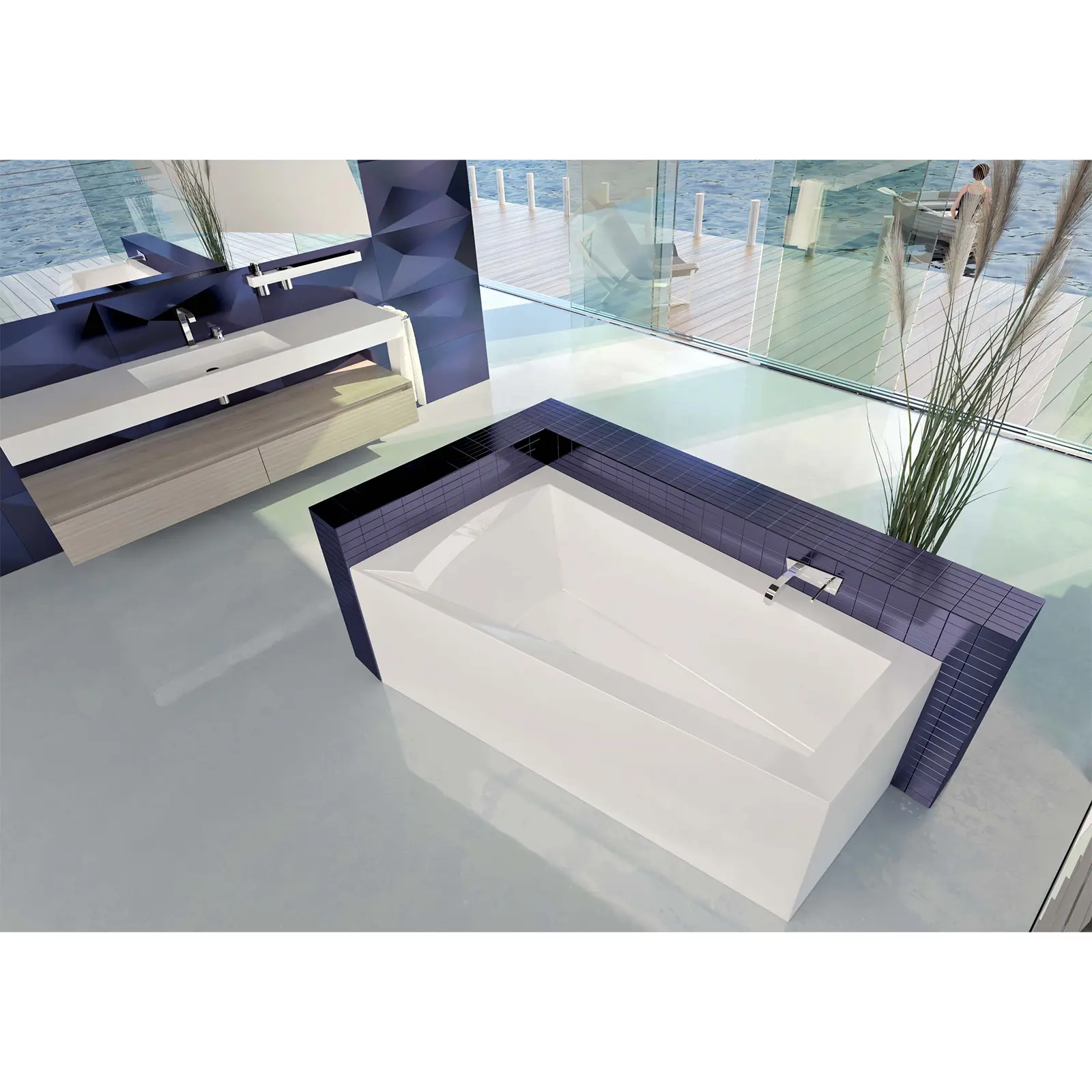 Eine weiße Badewanne mit modernen, klaren Linien steht auf einem lila gefliesten Sockel. Der Waschbeckenbereich mit einem minimalistischen Holzschrank ist im Hintergrund sichtbar, vor einer Glaswand mit Ausblick auf Wasser.