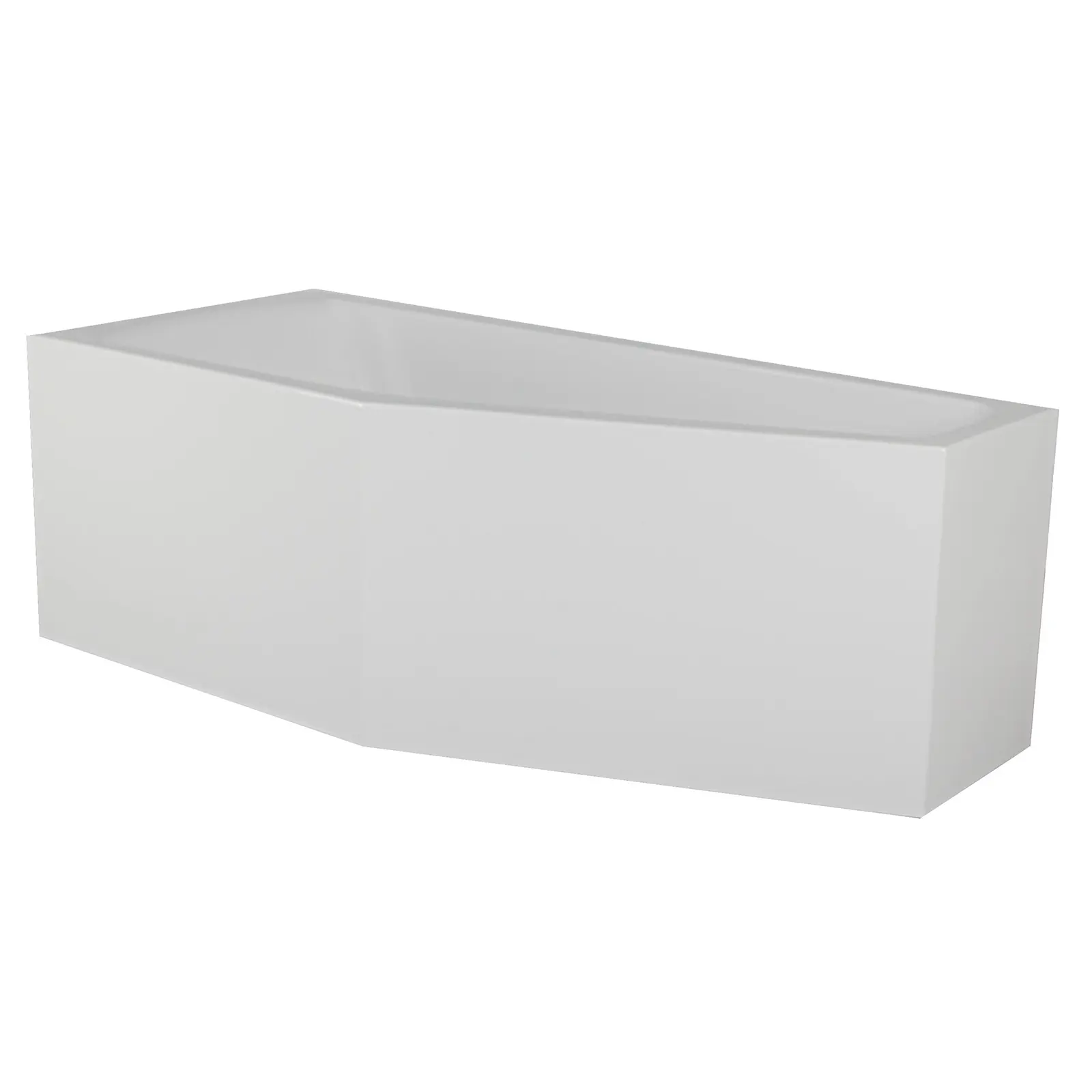 Eine weiße Badewanne mit einem modernen, kantigen Design. Sie hat eine asymmetrische Form und ist in einem minimalistischen Stil gestaltet. Der Hintergrund ist neutral, sodass die Badewanne im Fokus steht.