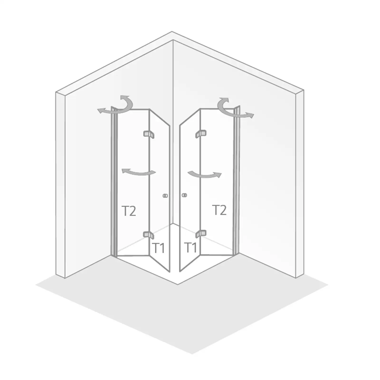 Zwei Duschkabinen stehen in einer Ecke, angezeigt durch eine technische Zeichnung. Die Türen (T1 und T2) sind schwenkbar, was die Funktion der Duschkabinen veranschaulicht. Die Umgebung ist minimalistisch ohne weitere Details.