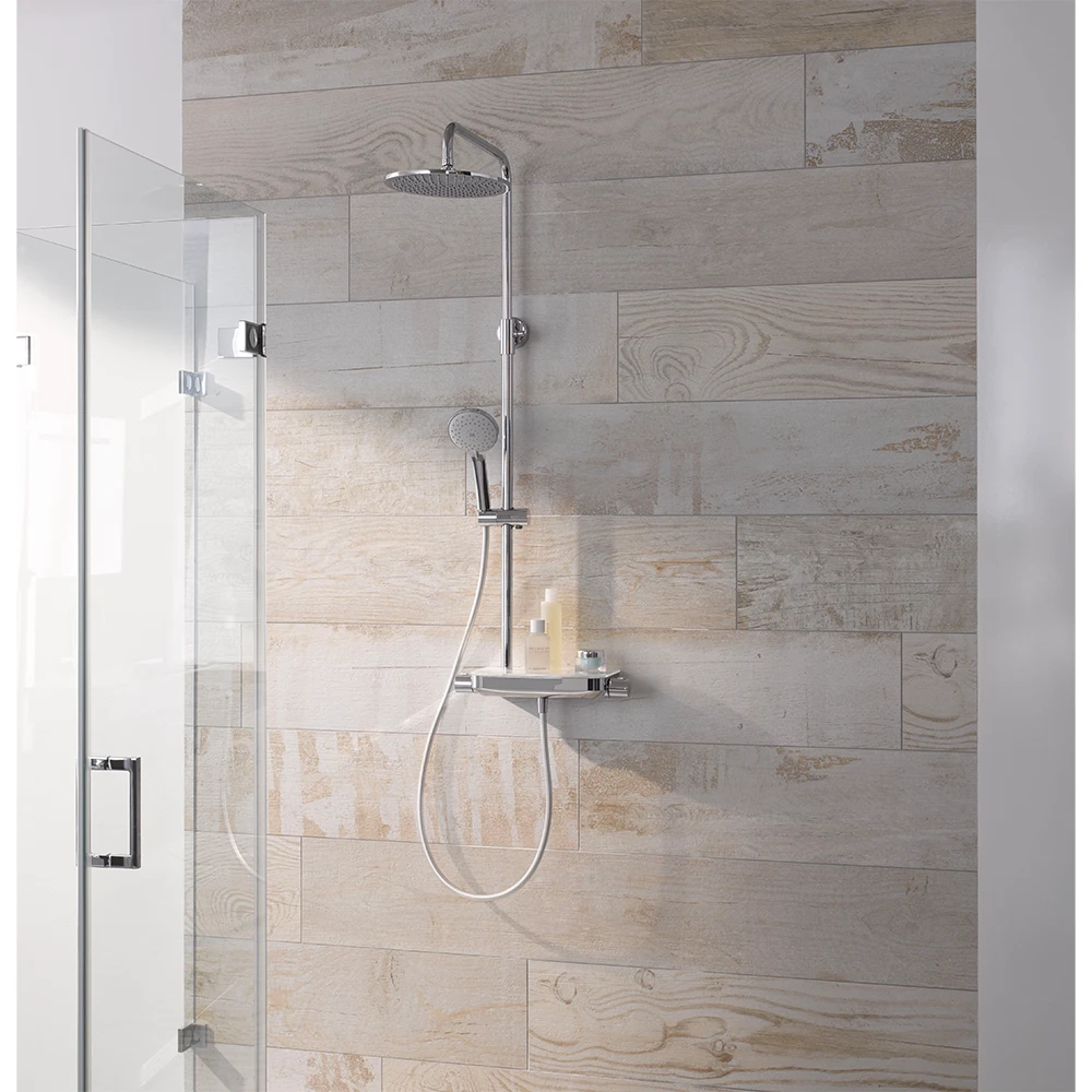 HSK Duschsystem RS 200 AquaTray Thermostat Rund mit Ablage Weiß superflach Kopfbrause ø 250 mm-Designhandbrause Rund HSK Duschsystem RS 200 AquaTray Thermostat Rund mit Ablage Weiß superflach Kopfbrause ø 250 mm-Designhandbrause Rund