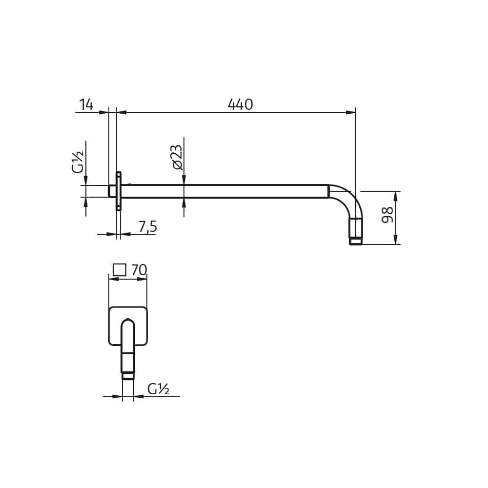 HSK Brause-Wandarm, gebogen, mit Rosette Softcube Softcube HSK Wandarm mit Rosette 1180005 technische Zeichnung
