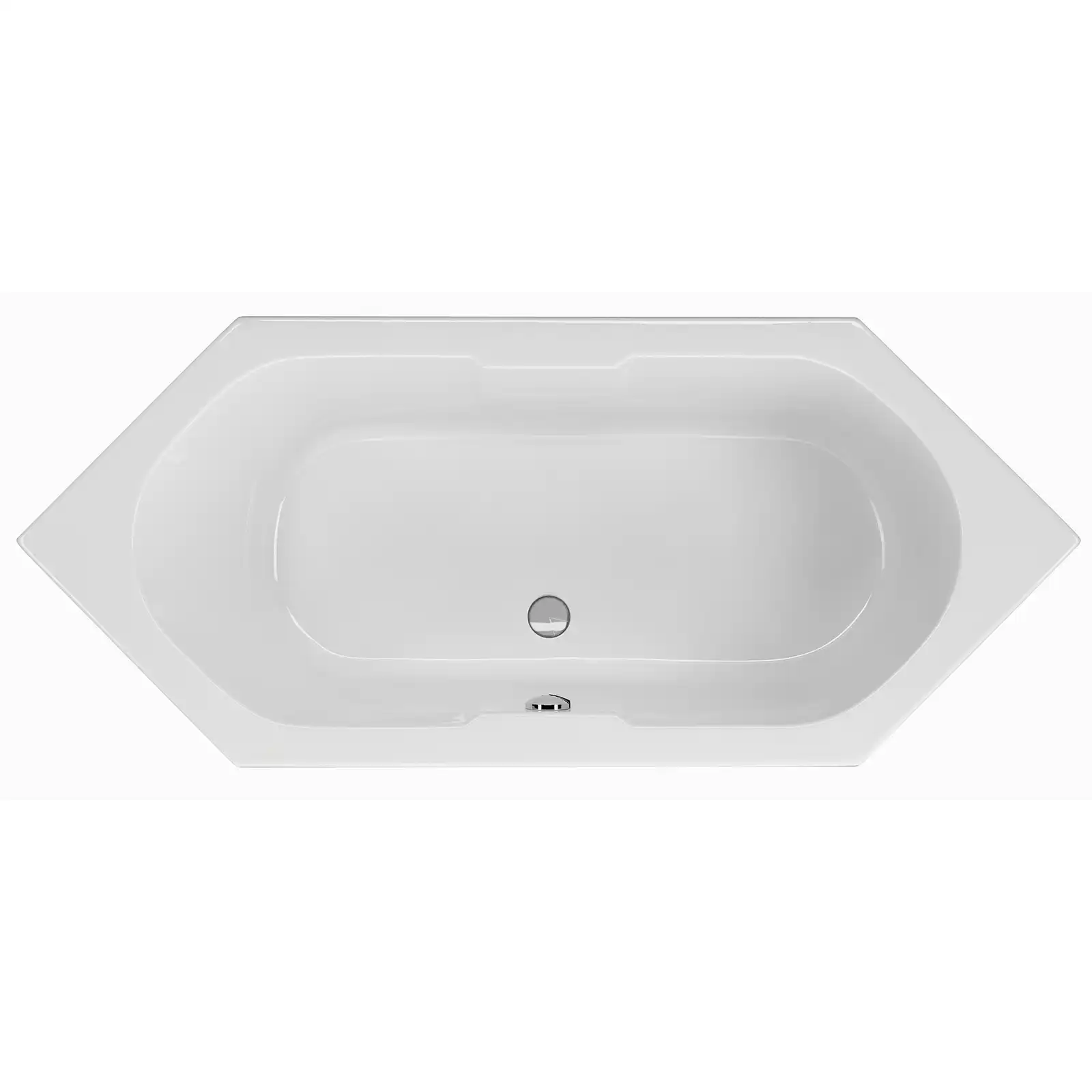 Eine weiße Badewanne mit ovaler Form und einem spitzen Ende, das an einer Ecke leicht ausgezogen ist. Sie besitzt einen zentralen Abfluss und hat eine glatte Oberfläche ohne sichtbare Fugen. Der Hintergrund ist neutral und schlicht.