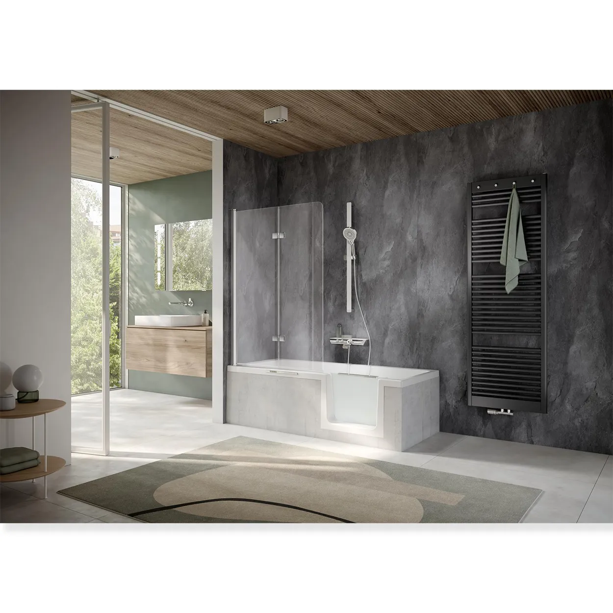 HSK Badewannenaufsatz Favorit Nova 2-teilig pendelbar 90x140cm-LA-Alu Silber-matt-Klar hell HSK Badewannenaufsatz Favorit Nova 2-teilig pendelbar 114x140cm-LA-Chrom-optik-Linea 02-mit Edelglasbeschichtung