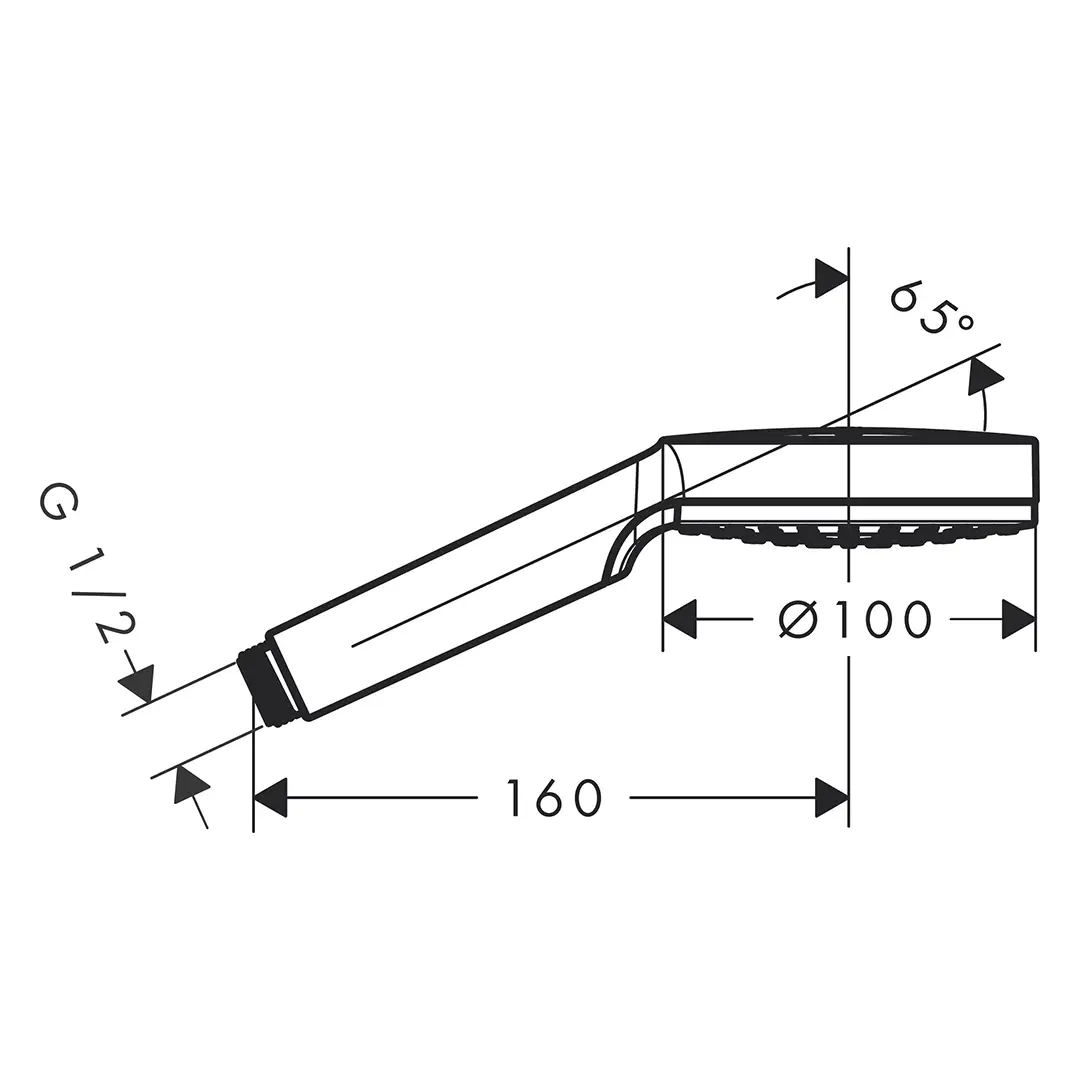 Eine Handdusche mit einer ovalen Form und einem Durchmesser von 100 mm. Sie ist schräg angeordnet und zeigt technische Abmessungen wie einen Abstand von 160 mm und einen Neigungswinkel von 65°.