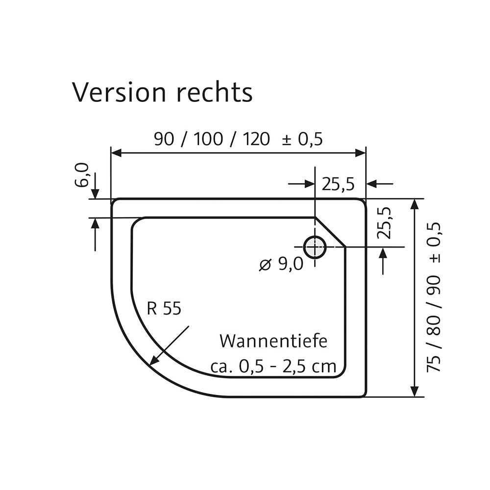 HSK Acryl Duschwanne superflach - Viertelkreis asymmetrisch - Version rechts -