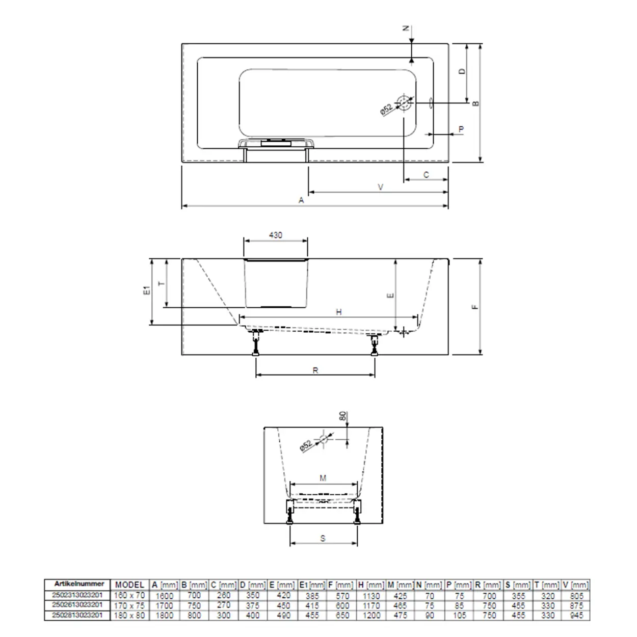 Uppsala Easy Badewanne 180x80x49 cm Badewanne-Tür links