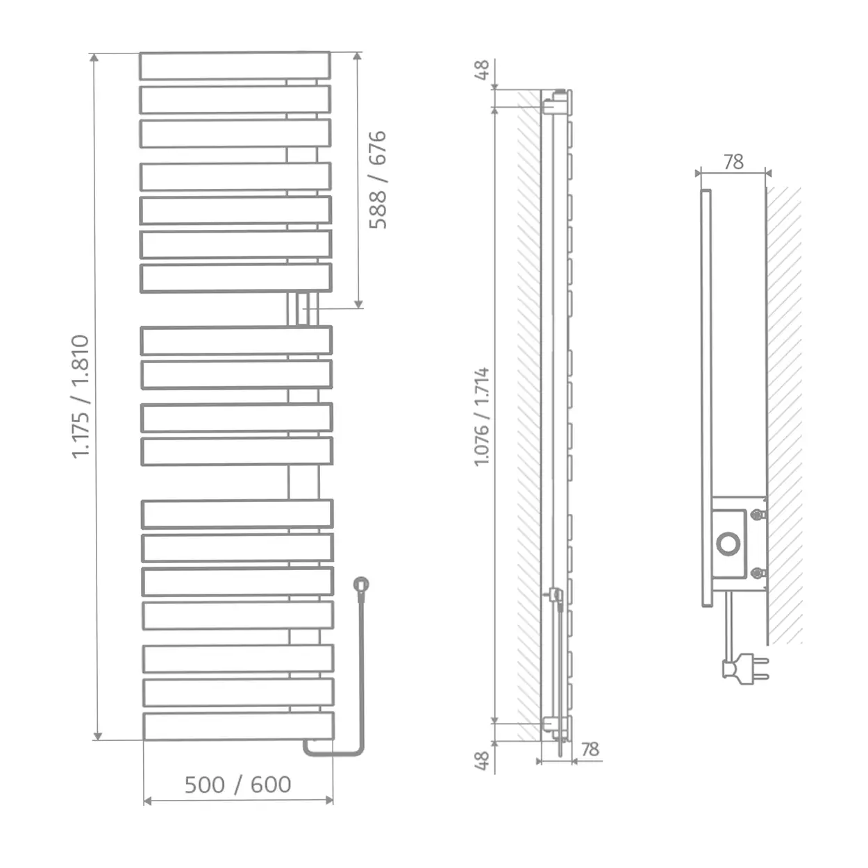 HSK Yenga-E Badheizkörper-rein elektrisch-Touchdisplay-1810x600-einseitig offen-800 Watt-Rechts-kupfer
