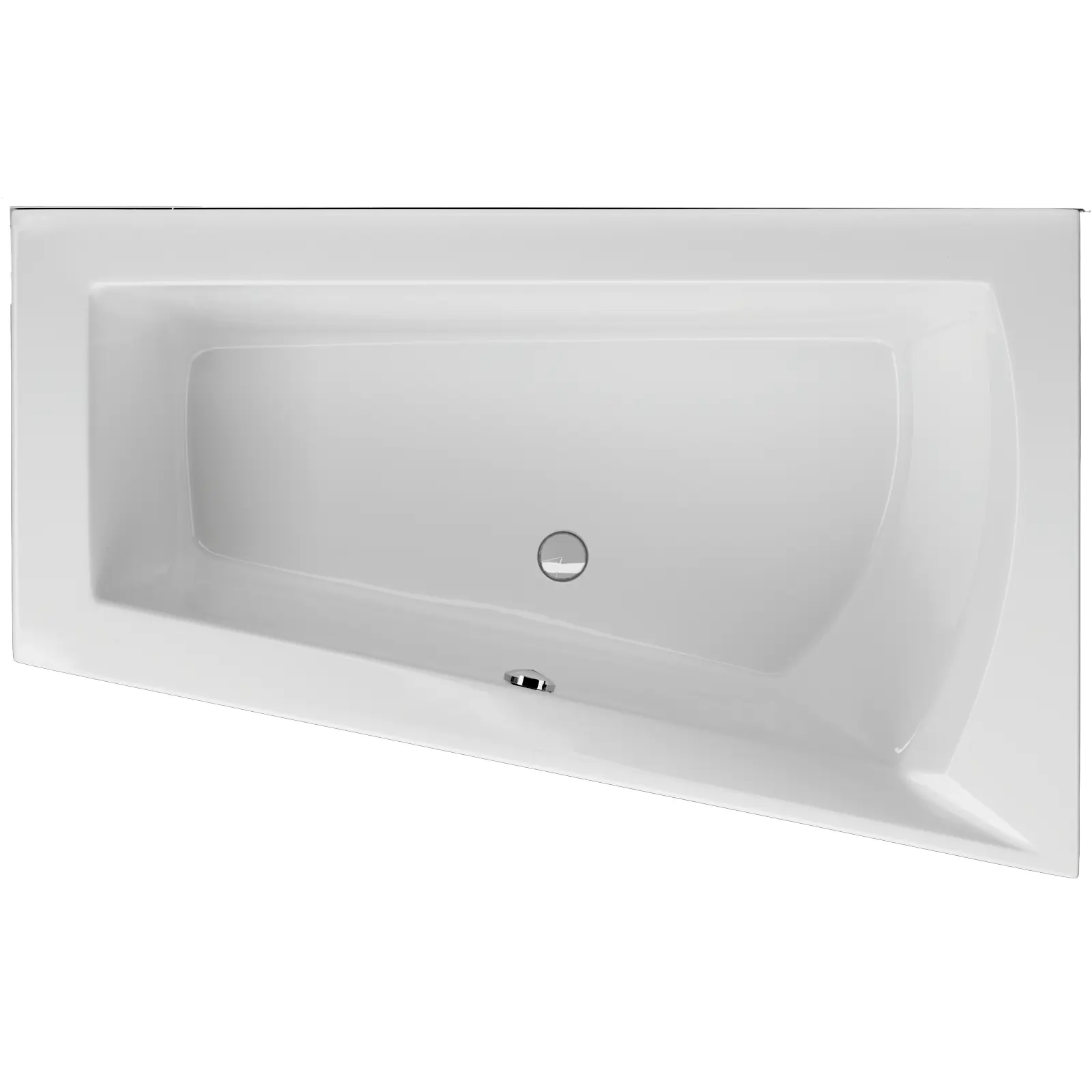 Eine weiße Badewanne mit rechteckiger Form und glatten Innenflächen. Die Wanne hat eine mittige Ablauföffnung und eine elegante, schlichte Umrandung. Der Hintergrund ist neutral.