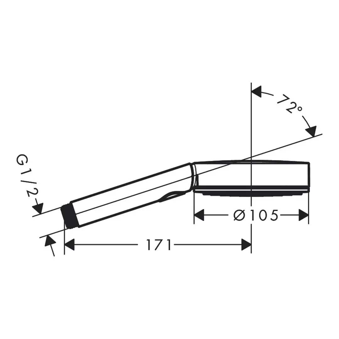 Ein Duschkopf ist abgebildet, der eine längliche Form hat und seitlich betrachtet wird. Er zeigt eine runde Kopfplatte mit einem Durchmesser von 105 mm. Ein Maß von 171 mm und ein Winkel von 72° sind angegeben. Der Anschluss ist mit G1/2 gekennzeichnet.