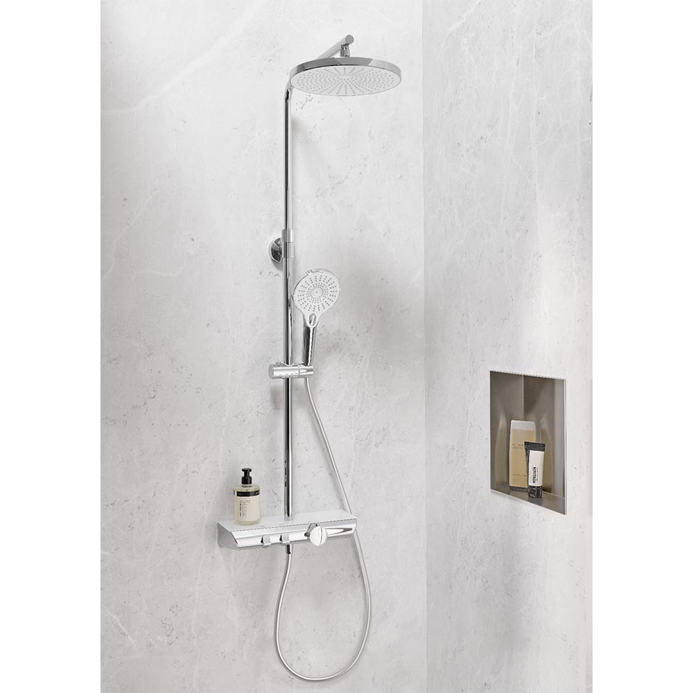 HSK Duschsystem AquaX Pro 200 Thermostat mit Ablage-Kopfbrause flach ø 250 mm-Chrom HSK Duschsystem AquaX Pro 200 Thermostat mit Ablage-Kopfbrause flach ø 250 mm-Chrom