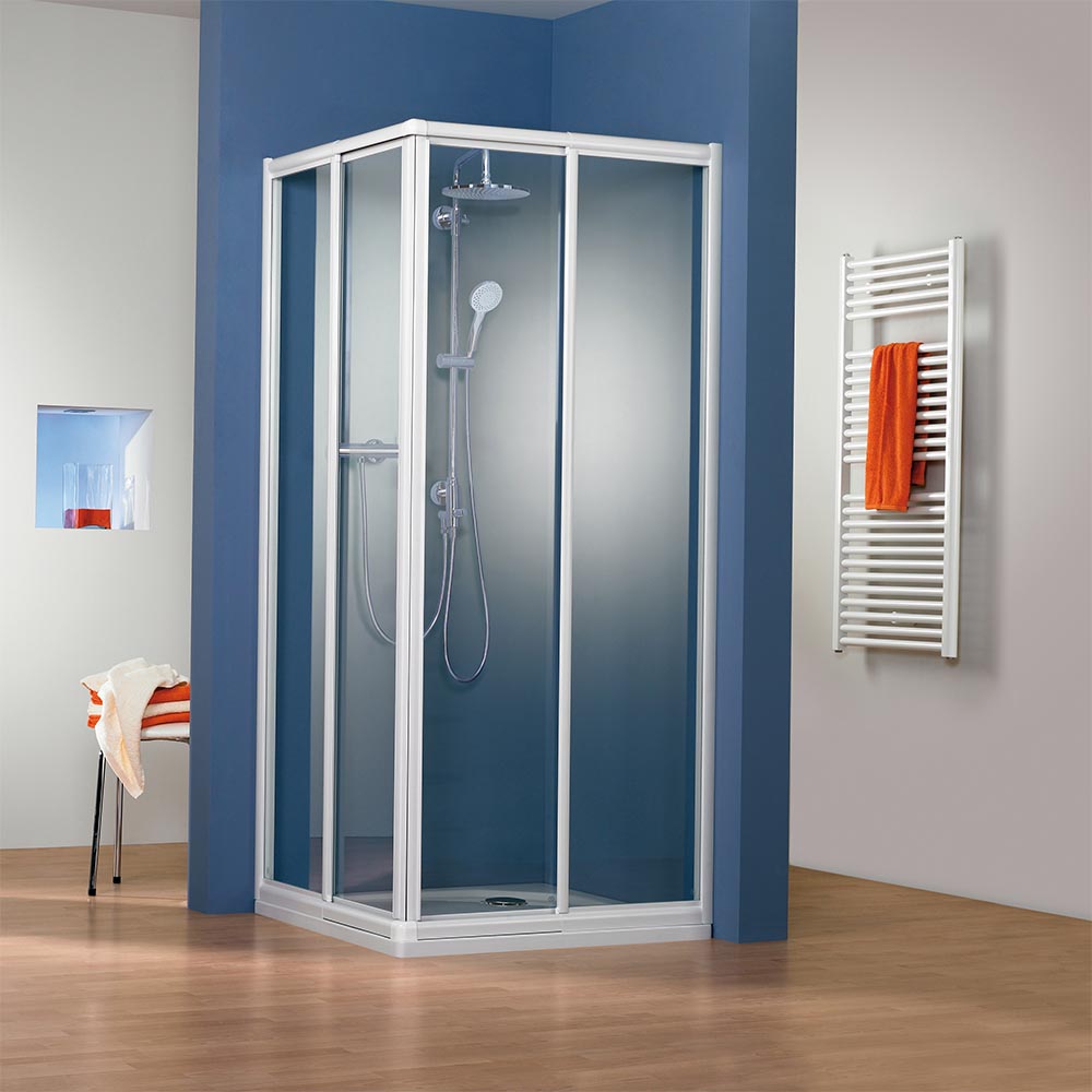 HSK Prima Duschkabine, Eckeinstieg, Schiebetüren aus klarem Echtglas, 800x800mm, Alu Silber-matt
