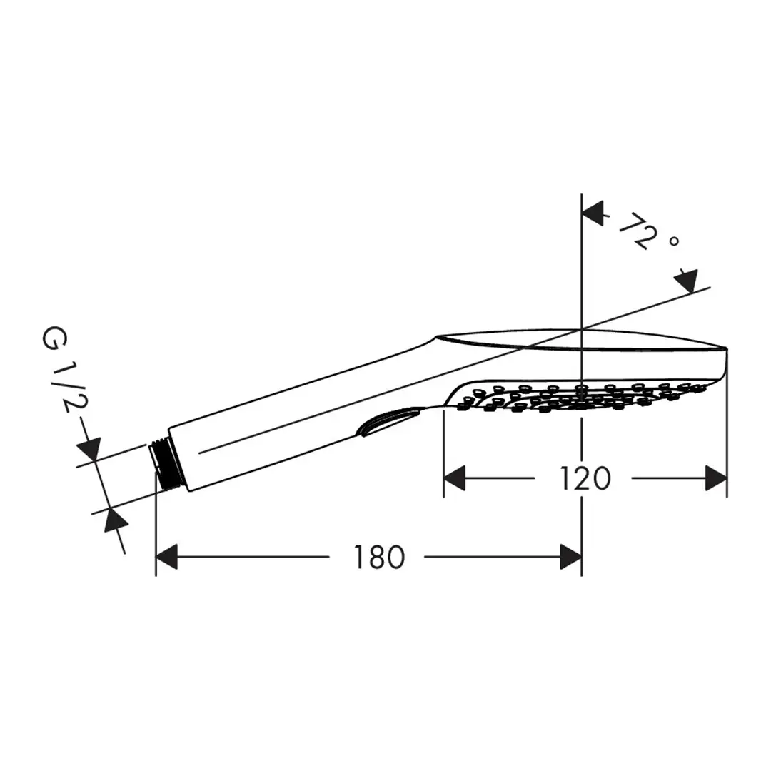 Die Abbildung zeigt eine technische Zeichnung eines Duschkopfes. Der Duschkopf hat eine klare, konturierte Form mit einem stark ausgeprägten Griff. Die Zeichnung enthält Maße: 180 mm Länge, 120 mm Breite und einen Neigungswinkel von 72°. Oben sind die Ans