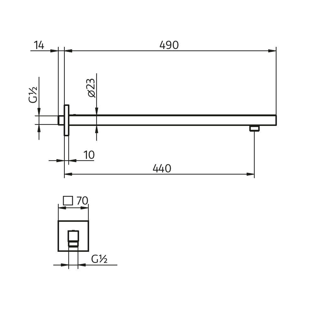 HSK Brause-Wandarm Eckig, mit eckiger Rosette Eckiger Brause-Wandarm von HSK ´mit Rosette 1100062 technische Zeichnung