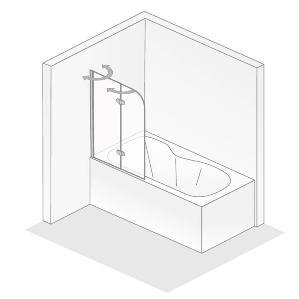 Eine Badewanne ist dargestellt, umgeben von einer Glasduschabtrennung. Die Abtrennung hat eine geschwungene Form und zeigt Türmechanismen. Der Hintergrund ist schlicht und unifarben.