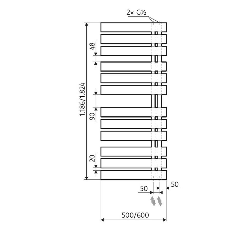 HSK Yenga Badheizkörper - elektrisch - 1824 x 600 mm - mit Heizstab und Fernregler - unten rechts