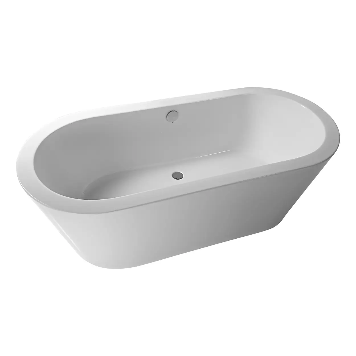 Eine freistehende Badewanne in ovaler Form aus weißem Material. Sie hat eine glatte Oberfläche mit zwei Abflussöffnungen. Der Hintergrund ist unifarben und hebt das Produkt hervor.