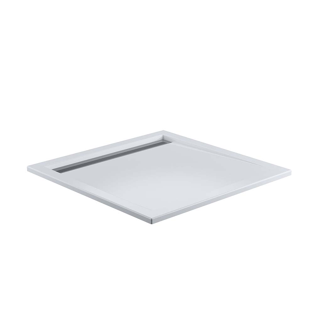 HSK Acryl Duschwanne mit intigrierter Ablaufrinne schmal - Superflach 100 x 100 cm-mit Dichtset-mit AntiSlip-Beschichtung-Edelstahl poliert